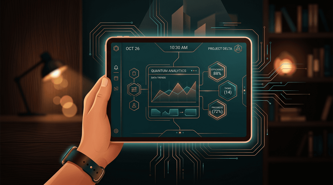 Hand mit Tablet zeigt moderne UI-Elemente in Kupfer und Teal auf dunklem Hintergrund mit warmem Licht.